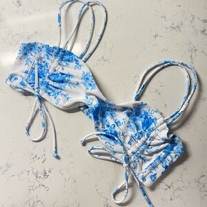 Juniors Blue and White Floral Bikini Top